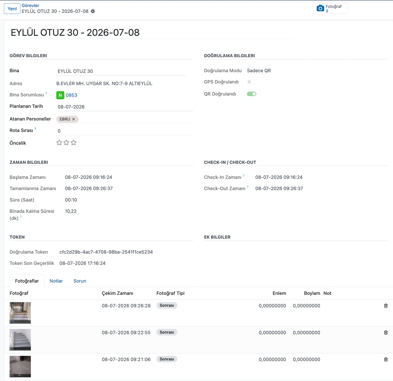 Apptiva kanıtlı görev doğrulama ekranı